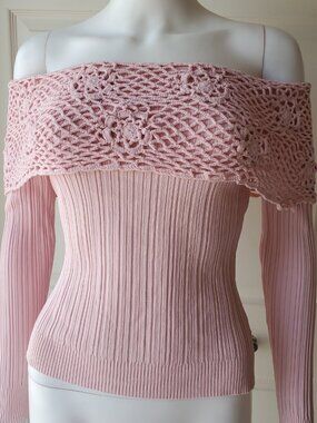 Cabo Y2k Preppy Pink Off The Shoulder Knit Sweater Top Petite Medium